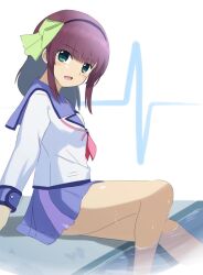 Rule 34 | 1girl, :d, angel beats!, black hairband, blue sailor collar, blue skirt, blunt bangs, blush, commentary, eyes visible through hair, feet out of frame, from side, green eyes, green ribbon, hair ribbon, hairband, happy, highres, lelie (lelie link), long sleeves, looking at viewer, medium hair, miniskirt, nakamura yuri, neckerchief, open mouth, pink neckerchief, pleated skirt, purple hair, ribbon, ripples, sailor collar, shirt, sidelocks, simple background, skirt, smile, solo, straight hair, water, white background, white shirt