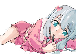 Rule 34 | 1girl, barefoot, blue eyes, blush, bokkusu, bow, breasts, cleavage, eromanga sensei, hair bow, izumi sagiri, long hair, looking at viewer, low-tied long hair, open mouth, silver hair, simple background, small breasts, smile, solo, white background