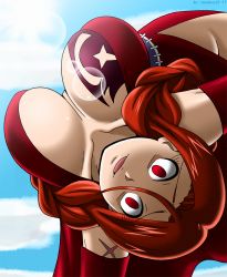 Rule 34 | 1girl, ass, bare shoulders, braid, braided ponytail, breast tattoo, breasts, cleavage cutout, clothing cutout, creepy, dress, evil grin, evil smile, fairy tail, female focus, flare corona, grin, hair between eyes, highres, large breasts, looking at viewer, looking down, pale skin, red dress, red eyes, red hair, scar, shaded face, smile, solo, tattoo, thick thighs, thighs, twisted torso