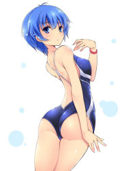 Rule 34 | 1girl, ass, backless swimsuit, bare shoulders, blue eyes, blue hair, competition swimsuit, cowboy shot, from behind, kamishiro sui, looking at viewer, matching hair/eyes, mutou kurihito, one-piece swimsuit, short hair, simple background, solo, swimsuit, tokyo 7th sisters