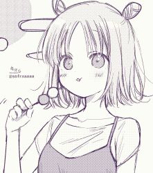 Rule 34 | 1girl, blush, camisole, camisole over clothes, dango, double bun, eating, egasumi, food, grey background, greyscale, hair bun, hand up, holding, holding food, monochrome, original, parted lips, shirt, short hair, short sleeves, signature, simple background, sofra, solo, twitter username, upper body, wagashi