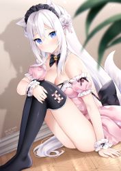 Rule 34 | 1girl, animal ear fluff, animal ears, artist name, bad id, bad pixiv id, bare shoulders, black thighhighs, blue eyes, blush, bow, breasts, cat ears, cat girl, cat tail, cleavage, closed mouth, commentary, detached sleeves, double bun, dress, dutch angle, english commentary, hair between eyes, hair bow, hair bun, highres, indoors, knees up, long hair, looking at viewer, maid, maid headdress, medium breasts, nami (nyaa), no shoes, on floor, original, pink bow, pink dress, pink sleeves, pixiv username, puffy short sleeves, puffy sleeves, short sleeves, sitting, solo, tail, thighhighs, twitter username, very long hair, white hair, wooden floor, wrist cuffs