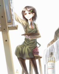 Rule 34 | 1girl, apron, bad id, bad pixiv id, bottle, canvas (object), easel, hair ornament, hairclip, necktie, original, outstretched arm, painting (action), palette (object), pantyhose, parsley-f, simple background, sitting, solo, stool, white background