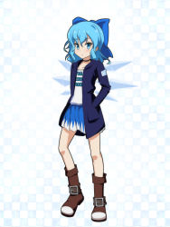 Rule 34 | circled 9, 1girl, adapted costume, alternate costume, blue bow, blue eyes, blue hair, blue skirt, blush, boots, bow, brown footwear, casual, cato (monocatienus), checkered background, choker, cirno, closed mouth, collarbone, commentary, contemporary, full body, hair bow, hand in pocket, ice, ice wings, jacket, looking at viewer, miniskirt, open clothes, open jacket, pleated skirt, short hair, skirt, solo, standing, touhou, wings