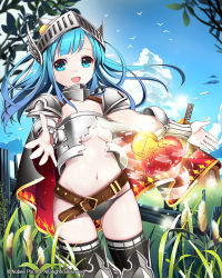 Rule 34 | 1girl, armor, axe, blue eyes, blue hair, breasts, broken armor, cloud, cosplay, day, grass, heart, long hair, looking at viewer, matching hair/eyes, navel, original, outdoors, sky, small breasts, smile, solo, the wizard of oz, tin (wsp85205), tin man, tin man (cosplay), underboob, visor (armor), weapon, windmill