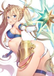 Rule 34 | 1girl, armor, ass, bare shoulders, blonde hair, blue eyes, blush, bradamante (fate), bradamante (third ascension) (fate), braid, breasts, clenched hand, commentary request, crown braid, elbow gloves, fate/grand order, fate (series), faulds, floating, floating object, gloves, long hair, looking at viewer, looking back, medium breasts, midriff, open mouth, shiny clothes, shiny skin, simple background, sleeveless, smile, solo, thigh strap, thighs, twintails, very long hair, white background, yuuki hagure