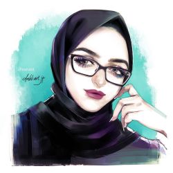 Rule 34 | 1girl, aqua background, artist name, bad id, bad instagram id, black-framed eyewear, commentary, commission, english commentary, eyebrows, fingernails, glasses, grey eyes, hand on own cheek, hand on own face, hijab, lips, lipstick, long fingernails, looking at viewer, makeup, nail polish, original, portrait, purple lips, solo, takenaka, watermark, web address, white nails