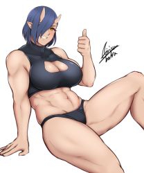 Rule 34 | 1girl, abs, airisubaka, blue hair, breasts, cleavage, cleavage cutout, clothing cutout, earrings, elf-san wa yaserarenai., grin, hair over one eye, highres, horns, jewelry, large breasts, looking at viewer, monster girl, muscular, muscular female, navel, oga (elf-san wa yaserarenai.), ogre, oni, oni horns, pointy ears, short hair, signature, simple background, sitting, smile, solo, thumbs up, white background, yellow eyes