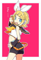 Rule 34 | 1girl, ascot, ass, back, blonde hair, blue eyes, bow, breasts, claw pose, crop top, detached sleeves, fang, from side, hair bow, hair ornament, hairclip, hand on own hip, headphones, headset, kagamine rin, looking back, midriff, nail polish, open mouth, pink background, profile, ribs, sailor collar, short hair, shorts, small breasts, solo, turning head, vocaloid, yellow nails, yoshiki