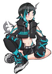 Rule 34 | 1girl, nanashi inc., ayumumato99, belt, belt bra, black footwear, black hair, black jacket, black skirt, black thighhighs, blue belt, blue hair, blue panties, blue socks, blush, chest belt, closed mouth, clothing cutout, commentary request, cropped jacket, cross-laced clothes, cross-laced sleeves, demon girl, demon horns, demon tail, expressionless, fang, fang out, flat chest, full body, grey skirt, highleg, highleg panties, highres, horns, jacket, layered skirt, long hair, long sleeves, looking afar, looking to the side, midriff, multicolored hair, navel, open clothes, open jacket, panties, pointy ears, red eyes, shishio chris, shoes, shoulder cutout, simple background, single thighhigh, sitting, skirt, sneakers, socks, solo, sugar lyric, tail, thighhighs, two-tone hair, underwear, virtual youtuber, white background, zipper, zipper skirt