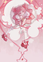 Rule 34 | 1girl, absurdres, bow, bubble skirt, collarbone, dress, dress bow, entangled, expressionless, floating, footwear bow, frilled skirt, frilled sleeves, frilled socks, frills, from above, full body, gloves, gradient background, hair bow, highres, kaname madoka, legs apart, looking at viewer, looking up, magical girl, mahou shoujo madoka magica, mahou shoujo madoka magica (anime), own hands together, pink background, pink bow, pink dress, pink eyes, pink hair, pink ribbon, pink theme, puffy short sleeves, puffy sleeves, red footwear, ribbon, shoes, short hair, short sleeves, short twintails, skirt, socks, solo, somnio000, soul gem, sparkle, twintails, v arms, white gloves, white skirt, white socks
