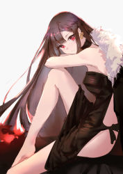 Rule 34 | 1girl, akuta hinako, black choker, black dress, breasts, brown hair, choker, closed mouth, dress, earrings, fate/grand order, fate (series), fur-trimmed jacket, fur trim, highres, jacket, jacket on shoulders, jewelry, long hair, looking at viewer, open clothes, open jacket, red eyes, simple background, sitting, sleeveless, sleeveless dress, small breasts, solo, very long hair, white background, xing, yu mei-ren (fate)