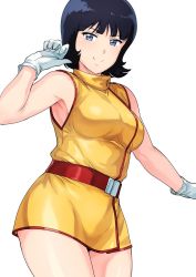 Rule 34 | 1girl, belt, black hair, blue eyes, breasts, closed mouth, dress, fa yuiry, gloves, gundam, highres, looking at viewer, short hair, simple background, skirt, sleeveless, smile, solo, tsurui, uniform, white background, white gloves, zeta gundam
