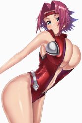 Rule 34 | 1girl, ass, bare shoulders, blue eyes, blush, bouhatei (t-back), breasts, bursting breasts, code geass, commentary, eyebrows, female focus, headband, huge breasts, kouzuki kallen, looking at viewer, medium hair, navel, open clothes, red hair, shiny clothes, shiny skin, simple background, skin tight, smile, solo, thighs, white background