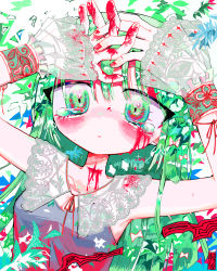 Rule 34 | 1girl, abstract, absurdres, arms up, blood, blood on clothes, blood on face, blood on hands, bloody tears, colorful, commentary request, crying, crying with eyes open, dot nose, edanoma meu, green eyes, green hair, highres, looking at viewer, multicolored background, multicolored eyes, original, pink blood, red eyes, slit throat, solo, tears