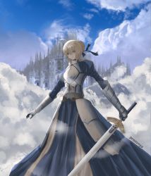 Rule 34 | 1girl, absurdres, ahoge, architecture, armor, armored dress, artist name, artoria pendragon (all), artoria pendragon (fate), blonde hair, blue dress, blue ribbon, blue sky, braid, braided bun, breastplate, castle, cloud, cloudy sky, dress, excalibur (fate/stay night), eyes visible through hair, fate/stay night, fate (series), female knight, full body, gauntlets, hair between eyes, hair bun, hair ribbon, highres, holding, holding sword, holding weapon, huge filesize, knight, long sleeves, prezonya46, ribbon, saber (fate), single hair bun, sky, solo, sword, water, waves, weapon