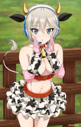1girl, anastasia (idolmaster), animal ears, animal print, bangs, bell, belt, blue eyes, breasts, collar, cosplay, cow ears, cow print, cow tail, cowbell, cowboy shot, elbow gloves, eyebrows visible through hair, fake animal ears, fake horns, fence, gloves, grass, hair between eyes, headset, highres, horns, idolmaster, idolmaster cinderella girls, looking at viewer, navel, oikawa shizuku, oikawa shizuku (cosplay), outdoors, parted lips, pink gloves, red belt, shiny, shiny hair, short hair, skirt, solo, tail, twitter username, wooden fence