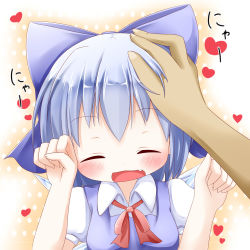 Rule 34 | 1girl, blue dress, blue hair, blush, bow, cirno, dress, closed eyes, fang, hair bow, hand on head, head pat, heart, highres, makuran, open mouth, paw pose, headpat, puffy sleeves, shirt, short hair, short sleeves, smile, solo focus, touhou, wings