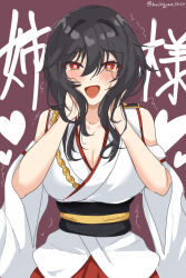 Rule 34 | 1girl, black hair, blush, breasts, chamumi (mochiumee), cleavage, detached sleeves, hair ornament, headgear, heart, heart-shaped pupils, highres, japanese clothes, kantai collection, large breasts, nontraditional miko, open mouth, purple background, red eyes, sash, short hair, smile, solo, symbol-shaped pupils, twitter username, upper body, yamashiro (kancolle)