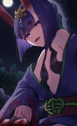 Rule 34 | 1girl, absurdres, bare shoulders, bob cut, breasts, eyeliner, fate/grand order, fate (series), full moon, headpiece, highres, horns, izanaware game, japanese clothes, kimono, long sleeves, looking at viewer, makeup, moon, night, night sky, oni, open mouth, purple kimono, revealing clothes, short eyebrows, short hair, shuten douji (fate), skin-covered horns, sky, small breasts, smile, solo