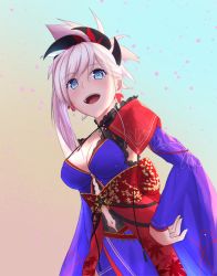 Rule 34 | 1girl, :d, absurdres, asymmetrical hair, blue eyes, blue sleeves, breasts, cleavage, clothing cutout, collarbone, detached sleeves, earrings, fate/grand order, fate (series), gradient background, hair between eyes, hair ornament, hand on own hip, highres, japanese clothes, jewelry, kimono, leaf earrings, long hair, long sleeves, magatama, magatama necklace, medium breasts, midriff, miyamoto musashi (fate), miyamoto musashi (third ascension) (fate), navel, navel cutout, necklace, o-ring, open mouth, print sleeves, purple kimono, silver hair, smile, solo, standing, stomach, suzumushi (araragi gatari)