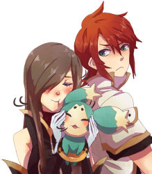 Rule 34 | 00s, 1boy, 1girl, bad id, bad pixiv id, brown hair, gloves, green eyes, hair over one eye, long hair, luke fon fabre, mieu (tales), red hair, smile, tales of (series), tales of the abyss, tear grants, yomo (yomo13218)