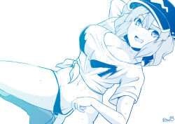 Rule 34 | 1girl, alternate costume, bikini, blue theme, blush, boots, breasts, cello, commentary request, crop top, flat cap, foot out of frame, hair bobbles, hair ornament, hat, highres, instrument, kagiyama shachou, kawashiro nitori, large breasts, looking at viewer, medium hair, monochrome, open mouth, shirt, short sleeves, sidelocks, simple background, smile, solo, swimsuit, tied shirt, touhou, two side up, untied bikini, wet, wet clothes, wet shirt