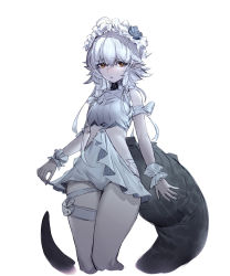 Rule 34 | 1girl, arknights, blue flower, blush, braid, crocodilian tail, cropped legs, embarrassed, feet out of frame, flower, head wreath, highres, long hair, looking at viewer, official alternate costume, one-piece swimsuit, pointy ears, short hair, simple background, single braid, solo, swimsuit, tail, thigh strap, tomimi (arknights), tomimi (silent night) (arknights), veolia, waist cutout, white background, white flower, white hair, white one-piece swimsuit, white wrist cuffs, wrist cuffs, yellow eyes