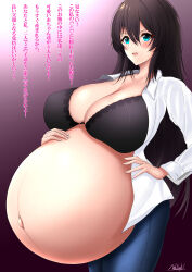 Rule 34 | 1girl, absurdres, artist name, big belly, black bra, black hair, blue eyes, blush, bra, breasts, cleavage, cowboy shot, denim, hair between eyes, hand on own hip, hand on own stomach, highres, huge breasts, japanese text, jeans, large breasts, long hair, natsuki dgug, open clothes, open shirt, original, outie navel, pants, parted lips, pregnant, shiny clothes, shiny skin, sidelocks, signature, solo, standing, translation request, underwear