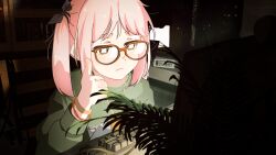 Rule 34 | 1girl, black ribbon, bracelet, clock, closed mouth, digital clock, glasses, green shirt, hair ribbon, highres, indoors, jewelry, keyboard (computer), long hair, long sleeves, necklace, original, pink hair, plant, red-framed eyewear, ribbon, russian commentary, servachok, shirt, solo, thumbs up, twintails, upper body