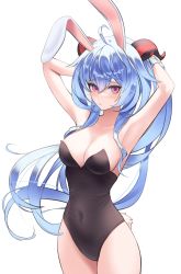 Rule 34 | 1girl, absurdres, ahoge, animal ears, armpits, arms up, black leotard, blue hair, blush, breasts, brown leotard, cleavage, collarbone, commentary, covered navel, cowboy shot, dot nose, erbium, ganyu (genshin impact), genshin impact, goat horns, gradient eyes, hair between eyes, hand in own hair, highres, horns, leotard, long hair, looking at viewer, medium breasts, multicolored eyes, no bra, playboy bunny, purple hair, rabbit ears, rabbit tail, simple background, skin tight, solo, strapless, strapless leotard, tail, white background