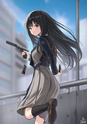 Rule 34 | 1girl, absurdres, arm behind back, backpack, bad id, bad twitter id, bag, black hair, black socks, blue ribbon, blue sky, blurry, blurry background, breasts, closed mouth, dress, glint, gun, handgun, highres, holding, holding gun, holding magazine (weapon), holding weapon, hz (helu 2), inoue takina, loafers, long hair, looking at viewer, looking to the side, lycoris recoil, lycoris uniform, magazine (weapon), neck ribbon, outdoors, pleated dress, purple eyes, railing, reloading, ribbon, shoes, sky, socks, solo, standing, standing on one leg, suppressor, weapon