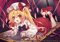 Rule 34 | 1girl, apple, bare shoulders, black choker, blonde hair, blush, bow, choker, collarbone, commentary request, crystal wings, detached sleeves, dress, eyelashes, flandre scarlet, food, frilled dress, frilled sleeves, frills, fruit, hat, holding, holding food, holding fruit, kyouda suzuka, long sleeves, looking at viewer, lying, mob cap, on stomach, one side up, open mouth, petals, pink ribbon, red bow, red dress, red eyes, red footwear, red ribbon, ribbon, rose petals, solo, striped, striped bow, touhou, white hat, white sleeves