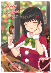 Rule 34 | 1girl, black hair, capelet, chicken (food), closed eyes, commentary request, dress, eating, food, fur-trimmed capelet, fur-trimmed dress, fur trim, glass, hayashio (kancolle), highres, juice, kantai collection, koureikyou kou, long hair, merry christmas, mole, mole under eye, red capelet, red dress, sizzler plate, solo, steak, strapless, strapless dress, upper body, window