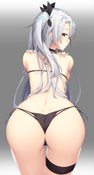 Rule 34 | 1girl, antenna hair, ass, azur lane, back, bikini, black bikini, black ribbon, blush, breasts, brown eyes, choker, dimples of venus, from behind, gradient background, grey background, hair between eyes, half-closed eyes, hands on own shoulders, highres, large breasts, long hair, looking at viewer, looking back, multi-strapped bikini, multicolored hair, olive (laai), open mouth, prinz eugen (azur lane), prinz eugen (unfading smile) (azur lane), ribbon, shiny skin, shoulder blades, side-tie bikini bottom, silver hair, simple background, skindentation, solo, streaked hair, swimsuit, thigh strap, thighs, two side up, very long hair
