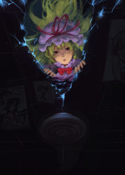Rule 34 | 1girl, bad id, bad pixiv id, blonde hair, bow, ceiling, dress, female focus, from above, gap (touhou), hat, hat ribbon, lips, long hair, looking at viewer, lovecom, mob cap, parted lips, pov, purple dress, red eyes, ribbon, solo, touhou, very long hair, yakumo yukari