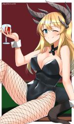 Rule 34 | 1girl, absurdres, alcohol, black leotard, blonde hair, blue eyes, blush, breasts, cleavage, covered navel, cup, dragon girl, dragon horns, dragon tail, drinking glass, fishnet pantyhose, fishnets, highres, hiroshi (hunter-of-kct), horns, large breasts, leotard, long hair, looking at viewer, one eye closed, original, pantyhose, signature, smile, solo, tail, wine, wine glass