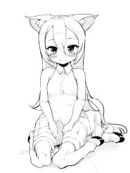 Rule 34 | 1girl, animal ears, bare arms, bare shoulders, between legs, blush, centaur, closed mouth, collared shirt, greyscale, gulp5959, hair between eyes, hand between legs, highres, hooves, horse ears, long hair, looking at viewer, monochrome, monster girl, original, shirt, shorts, simple background, sitting, sleeveless, sleeveless shirt, solo, taur, white background