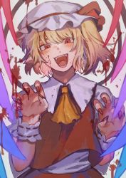 Rule 34 | 1girl, :d, ascot, blonde hair, blood, blood on face, blush, bow, breasts, claw pose, commentary request, eyebrows hidden by hair, fangs, fingernails, flandre scarlet, hat, hat bow, head tilt, highres, looking at viewer, mob cap, one side up, open mouth, puffy short sleeves, puffy sleeves, red bow, red eyes, red skirt, red vest, sharp fingernails, shirt, short hair, short sleeves, simple background, skirt, skirt set, slit pupils, small breasts, smile, solo, tabun (osoracu), touhou, upper body, vest, white background, white hat, white shirt, wings, wrist cuffs, yellow ascot