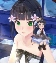 Rule 34 | 1girl, apricot (apricot a2), aqua eyes, artist name, artist request, bare shoulders, black hair, blunt bangs, blush, breasts, collarbone, dress, dual persona, female focus, flower, green eyes, hair flower, hair ornament, indoors, kurosawa dia, long hair, looking at viewer, love live!, love live! school idol festival, love live! sunshine!!, mole, mole under mouth, parted lips, shirt, sitting, sitting on person, sitting on shoulder, sleeveless, sleeveless shirt, small breasts, smile, solo, strapless, strapless dress, torikoriko please!!, upper body, white dress