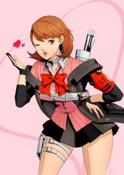 Rule 34 | 1girl, archery shooting glove, armband, arrow (projectile), belt buckle, black gloves, black jacket, black skirt, blowing kiss, bow, bowtie, breasts, brown eyes, brown hair, buckle, cardigan, choker, collared shirt, commentary, cowboy shot, earrings, eightyfourart, evoker, gekkoukan high school uniform, gloves, hand on own hip, hand up, heart, heart choker, highres, holster, jacket, jewelry, lips, looking at viewer, loose bowtie, medium breasts, medium hair, miniskirt, one eye closed, open clothes, open hand, open jacket, parted lips, partially fingerless gloves, pearl earrings, persona, persona 3, persona 3 reload, pink background, pink cardigan, pink lips, pink nails, pleated skirt, red armband, red bow, red bowtie, ribbed cardigan, s.e.e.s, school uniform, shirt, signature, skindentation, skirt, solo, stud earrings, swept bangs, takeba yukari, thigh holster, thigh strap, thighs, white choker, white shirt