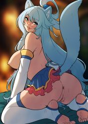 Rule 34 | 1girl, :d, animal ears, anus, aqua (konosuba), ass, bare shoulders, blue skirt, blurry, blurry background, breasts, cat ears, cat girl, cat tail, detached sleeves, from behind, green hair, highres, kinkymation, kono subarashii sekai ni shukufuku wo!, large breasts, long hair, miniskirt, nipples, open mouth, pleated skirt, pussy, pussy juice, skirt, smile, solo, tail, teeth, thighhighs, toeless legwear, upper teeth only, white thighhighs