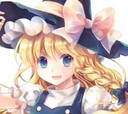 Rule 34 | 1girl, :d, bad id, bad pixiv id, blonde hair, blue eyes, bow, braid, fang, female focus, hair bow, hat, kamui (kamuikaoru), kirisame marisa, long hair, looking at viewer, lowres, open mouth, ribbon, simple background, smile, solo, touhou, upper body, white background, witch, witch hat
