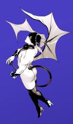 Rule 34 | 1boy, ass, bara, bare shoulders, biceps, black hair, blue background, boots, closed mouth, commentary, covered erect nipples, demon, demon boy, demon tail, demon wings, full body, gloves, head wings, high heel boots, high heels, highres, huge ass, looking at viewer, looking back, male focus, muscular, muscular male, original, pectorals, pointy ears, profile, revealing clothes, shiny clothes, simple background, solo, symbol-only commentary, tail, thigh boots, thighhighs, wings, yukibi (ykb)