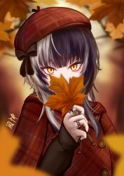 Rule 34 | 1girl, autumn, autumn leaves, beret, black hair, brown coat, brown hat, coat, fuugami, hat, highres, holding, holding leaf, hololive, hololive english, jewelry, leaf, long hair, looking at viewer, maple leaf, multicolored hair, ring, shiori novella, sidelocks, solo, split-color hair, virtual youtuber, white hair, yellow eyes