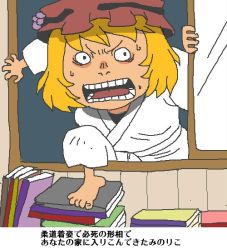 Rule 34 | 1girl, aki minoriko, blonde hair, book stack, climbing, food, fruit, grapes, hat, hat ornament, onikobe rin, open mouth, solo, touhou, translation request, window