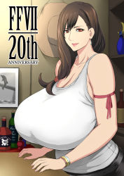 Rule 34 | 1girl, bare shoulders, belly, belt, black hair, blush, bracelet, breasts, brown hair, cleavage, curvy, earrings, final fantasy, final fantasy vii, gigantic breasts, highres, jewelry, kurohardt, leaning on object, long hair, looking at viewer, low-tied long hair, mature female, plump, red eyes, shirt, smile, solo, tank top, taut clothes, taut shirt, tifa lockhart