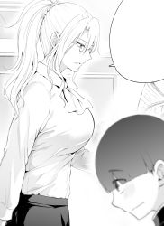 Rule 34 | 1boy, 1girl, blank speech bubble, blush, book, breasts, commentary request, glasses, greyscale, highres, indoors, ishima yuu, large breasts, monochrome, open book, open mouth, original, ponytail, profile, shirt, speech bubble, teacher, teaching