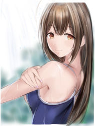 Rule 34 | 1girl, blue one-piece swimsuit, blurry, blurry background, breasts, brown eyes, brown hair, closed mouth, hair between eyes, idolmaster, idolmaster shiny colors, kuwayama chiyuki, long hair, looking at viewer, medium breasts, nannacy7, one-piece swimsuit, school swimsuit, smile, solo, straight hair, swimsuit, very long hair, wet, wet hair