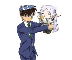 Rule 34 | 1boy, 1girl, :3, = =, aoyama goushou (style), blue eyes, blue suit, brown hair, chibi, crossover, elf, formal, frieren, green necktie, head wreath, highres, kudou shin&#039;ichi, lifting person, long sleeves, looking at viewer, meitantei conan, necktie, pointy ears, school uniform, simple background, smile, sousou no frieren, suit, teitan high school uniform, tenten (chan4545), white background, white hair